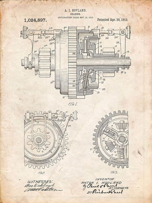 PP953-Vintage Parchment Mechanical Gearing 1912 Patent Poster Poster Print - Cole Borders