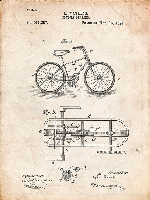 PP51-Vintage Parchment Bicycle Gearing 1894 Patent Poster Poster Print - Cole Borders