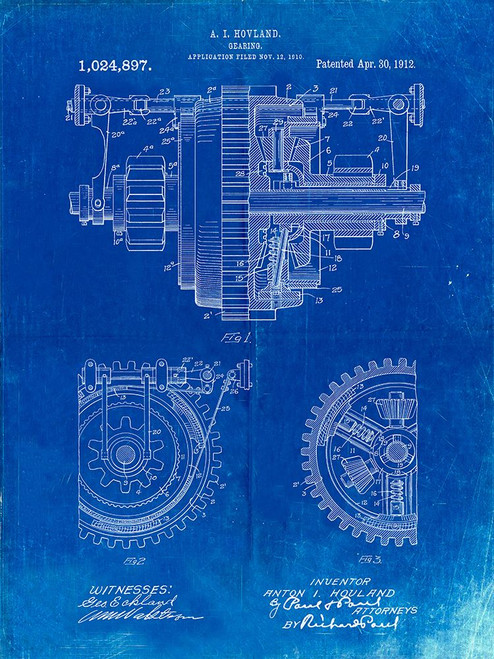 PP953-Faded Blueprint Mechanical Gearing 1912 Patent Poster Poster Print - Cole Borders