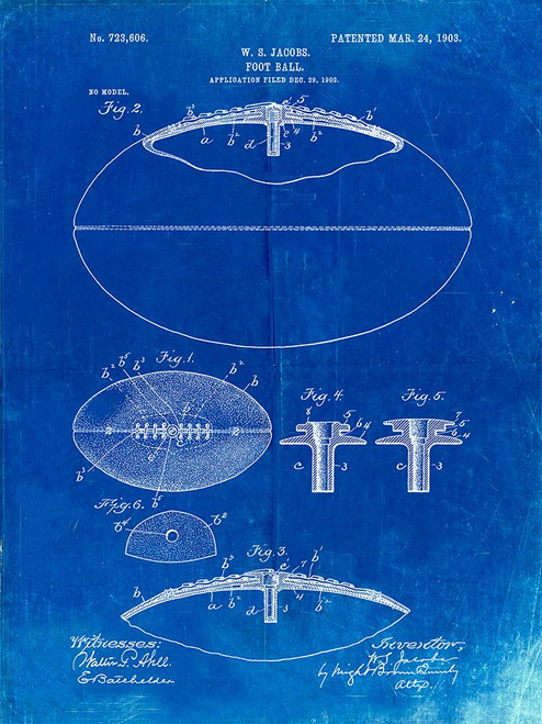 PP601-Faded Blueprint Football Game Ball 1902 Patent Poster Poster Print - Cole Borders