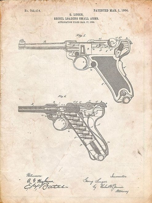 PP947-Vintage Parchment Luger Pistol Patent Poster Poster Print - Cole Borders PP947-Vintage Parchment Luger Pistol Patent Poster Poster Print - Cole Borders