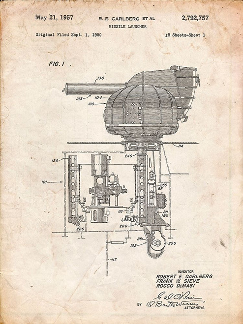 PP597-Vintage Parchment Missile Launcher Cold War Patent Poster Poster Print - Cole Borders PP597-Vintage Parchment Missile Launcher Cold War Patent Poster Poster Print - Cole Borders