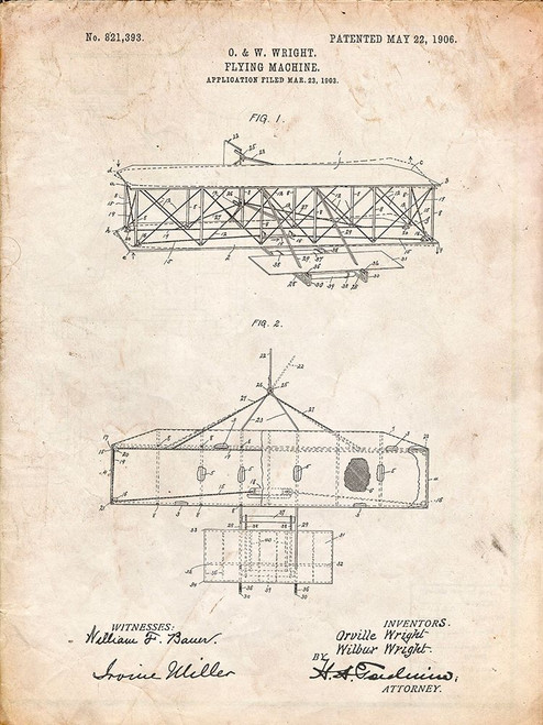 PP1139-Vintage Parchment Wright Brothers Aeroplane Patent Poster Print - Cole Borders