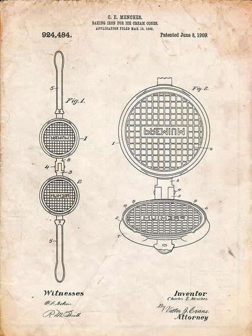 PP1130-Vintage Parchment Waffle Iron for Ice Cream Cones 1909 Patent Poster Poster Print - Cole Borders