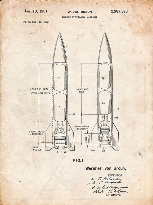PP1129-Vintage Parchment Von Braun Rocket Missile Patent Poster Poster Print - Cole Borders PP1129-Vintage Parchment Von Braun Rocket Missile Patent Poster Poster Print - Cole Borders