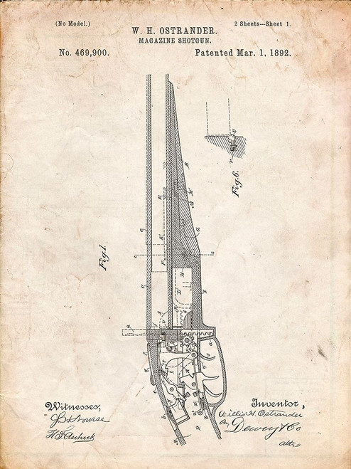 PP513-Vintage Parchment The Ostrander Shotgun Patent Poster Poster Print - Cole Borders PP513-Vintage Parchment The Ostrander Shotgun Patent Poster Poster Print - Cole Borders