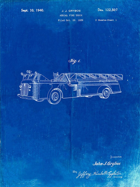 PP506-Faded Blueprint Firetruck 1940 Patent Poster Poster Print - Cole Borders
