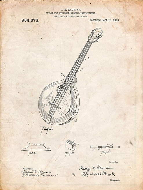 PP499-Vintage Parchment Gibson Mandolin Bridge Patent Poster Poster Print - Cole Borders