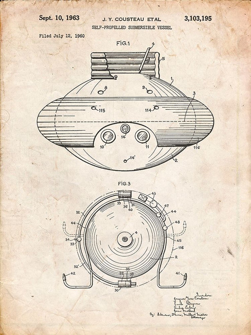 PP898-Vintage Parchment Jacques Cousteau Submersible Vessel Patent Poster Poster Print - Cole Borders