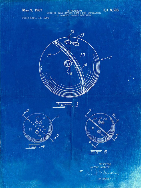 PP493-Faded Blueprint Bowling Ball 1967 Patent Poster Poster Print - Cole Borders