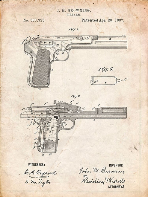 PP894-Vintage Parchment J.M. Browning Pistol Patent Poster Poster Print - Cole Borders PP894-Vintage Parchment J.M. Browning Pistol Patent Poster Poster Print - Cole Borders