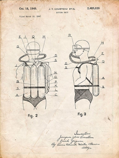 PP897-Vintage Parchment Jacques Cousteau Diving Suit Patent Poster Poster Print - Cole Borders