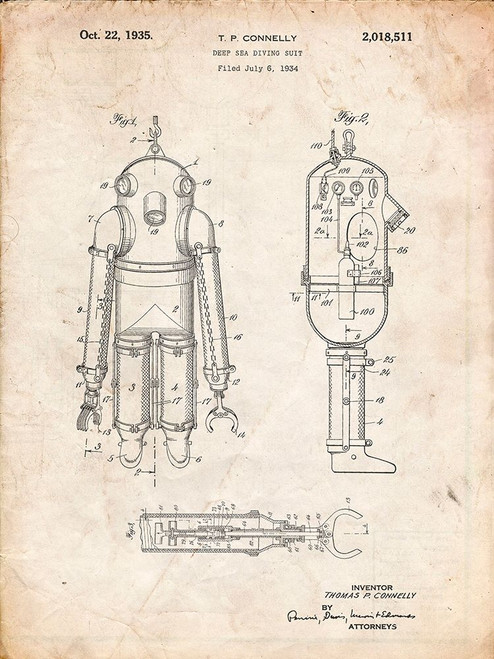PP479-Vintage Parchment Deep Sea Diving Suit Patent Poster Poster Print - Cole Borders