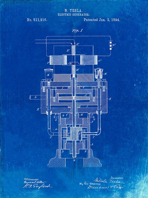 PP463-Faded Blueprint Tesla Electric Generator Poster Poster Print - Cole Borders