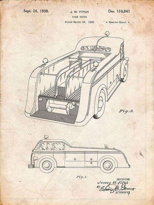 PP462-Vintage Parchment Firetruck 1939 Two Image Patent Poster Poster Print - Cole Borders