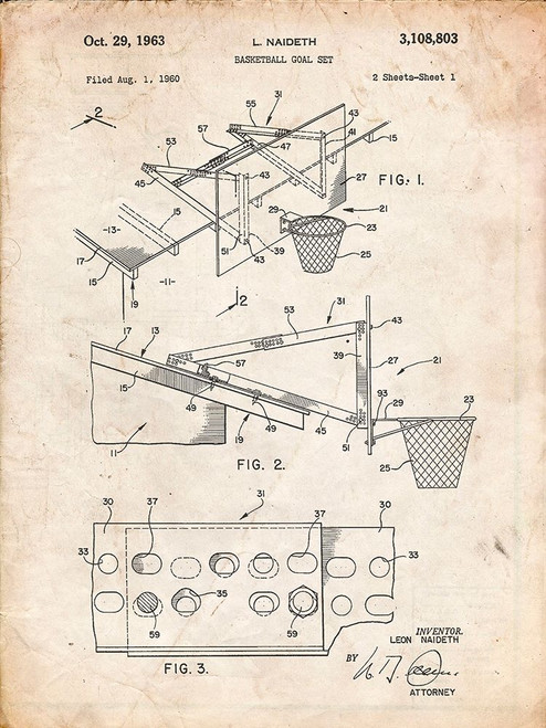PP454-Vintage Parchment Basketball Adjustable Goal 1962 Patent Poster Poster Print - Cole Borders
