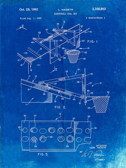 PP454-Faded Blueprint Basketball Adjustable Goal 1962 Patent Poster Poster Print - Cole Borders PP454-Faded Blueprint Basketball Adjustable Goal 1962 Patent Poster Poster Print - Cole Borders