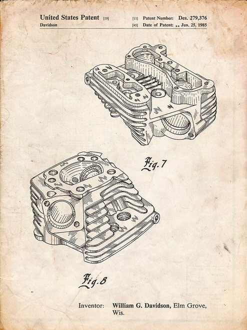 PP870-Vintage Parchment Harley Davidson Engine Head Patent Poster Poster Print - Cole Borders