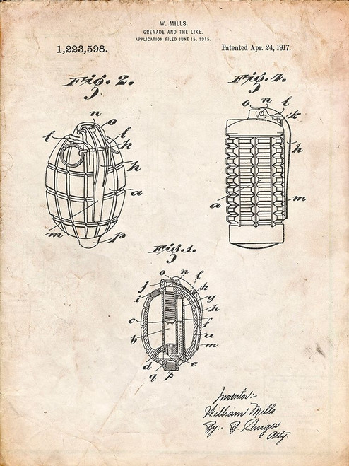 PP866-Vintage Parchment Hand Grenade 1915 Patent Poster Poster Print - Cole Borders