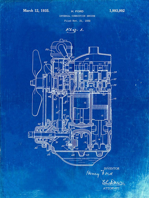 PP843-Faded Blueprint Ford Internal Combustion Engine Patent Poster Poster Print - Cole Borders