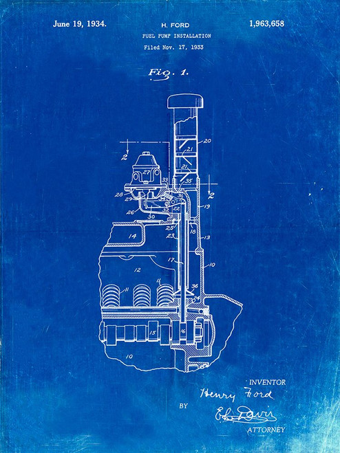 PP842-Faded Blueprint Ford Fuel Pump 1933 Patent Poster Poster Print - Cole Borders