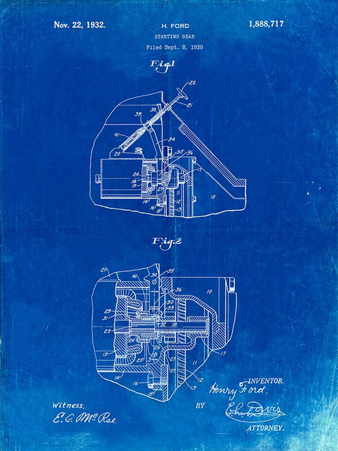 PP834-Faded Blueprint Ford Car Starter Patent Poster Poster Print - Cole Borders