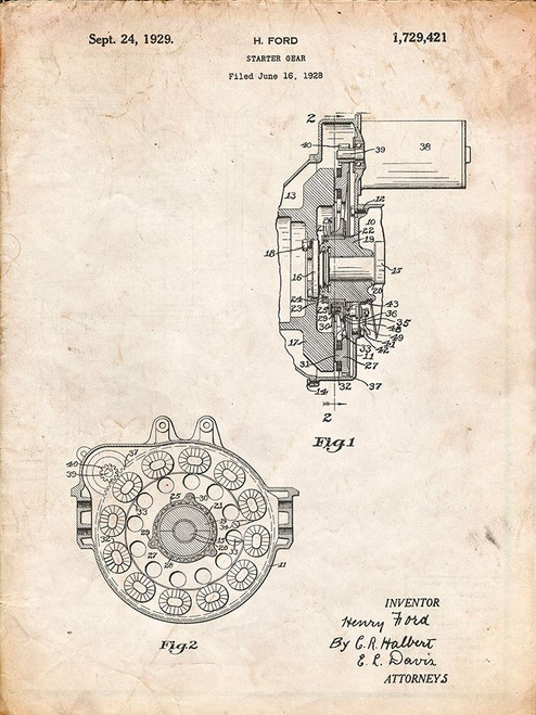 PP833-Vintage Parchment Ford Car Starter Gear 1928 Patent Poster Poster Print - Cole Borders