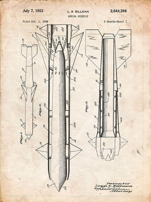 PP384-Vintage Parchment Aerial Missile Patent Poster Poster Print - Cole Borders