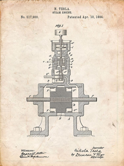 PP1096-Vintage Parchment Tesla Steam Engine Patent Poster Poster Print - Cole Borders PP1096-Vintage Parchment Tesla Steam Engine Patent Poster Poster Print - Cole Borders