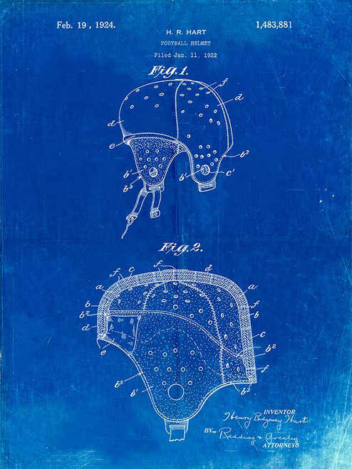 PP827-Faded Blueprint Football Helmet Patent 1922 Wall Art Poster Poster Print - Cole Borders
