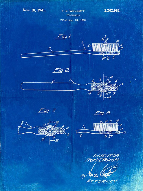PP815-Faded Blueprint First Toothbrush Patent Poster Poster Print - Cole Borders