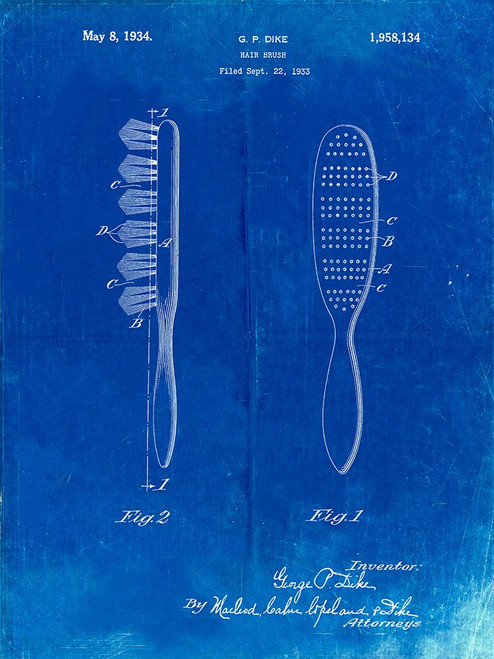 PP352-Faded Blueprint Wooden Hair Brush 1933 Patent Poster Poster Print - Cole Borders