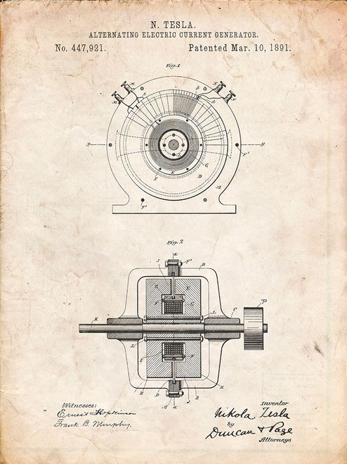 PP1090-Vintage Parchment Tesla Alternating Current Generator Poster Poster Print - Cole Borders
