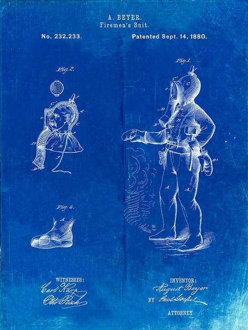 PP811-Faded Blueprint Firefighter Suit 1880 Patent Poster Poster Print - Cole Borders
