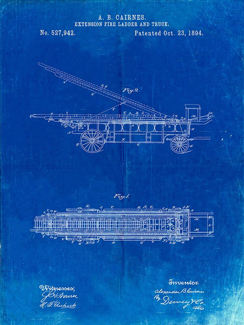 PP808-Faded Blueprint Fire Extension Ladder 1894 Patent Poster Poster Print - Cole Borders