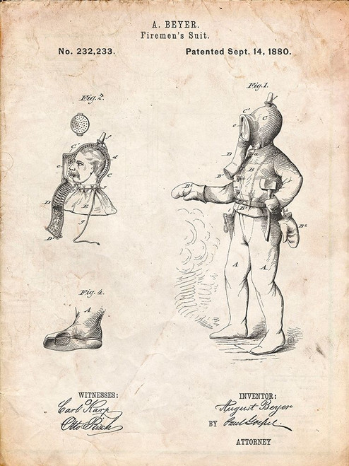 PP811-Vintage Parchment Firefighter Suit 1880 Patent Poster Poster Print - Cole Borders