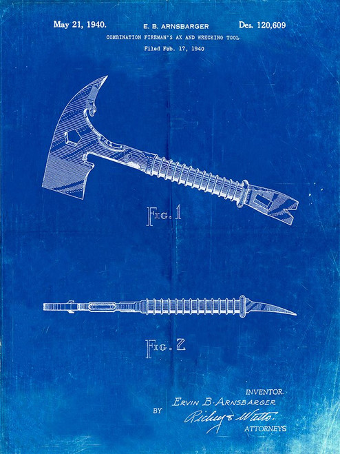 PP812-Faded Blueprint Firemans Axe 1940 Patent Poster Poster Print - Cole Borders