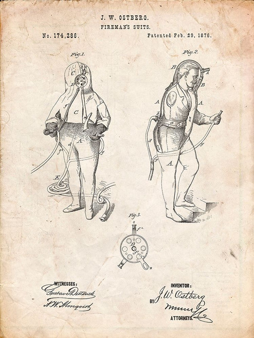 PP810-Vintage Parchment Firefighter Suit 1876 Patent Print Poster Print - Cole Borders