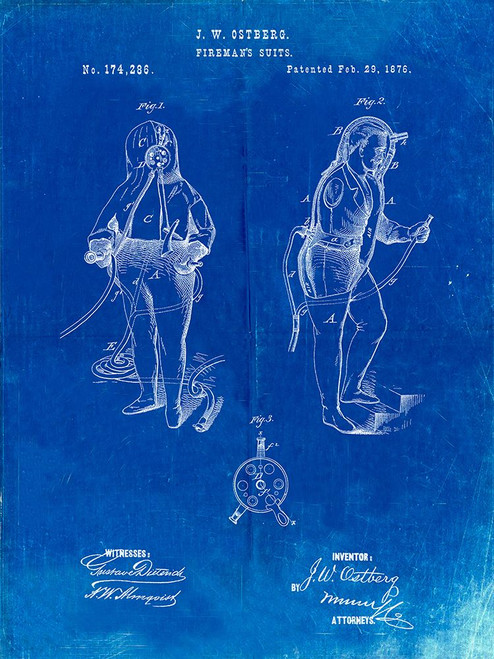 PP810-Faded Blueprint Firefighter Suit 1876 Patent Print Poster Print - Cole Borders