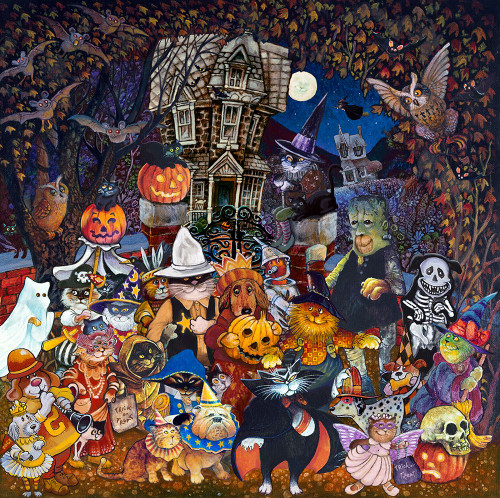 Cats and Dogs Halloween Poster Print - Bill Bell