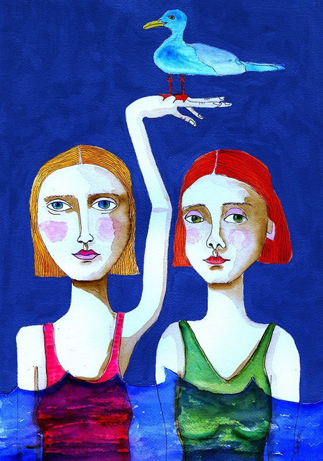 Swimming Ladies with Blue Bird Poster Print - Sharyn Bursic
