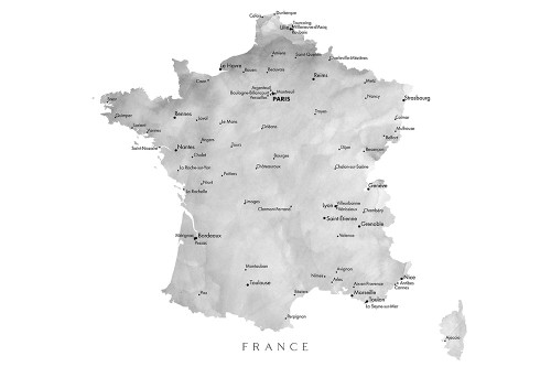 Gray watercolor map of France Poster Print - Blursbyai Rosana Laiz
