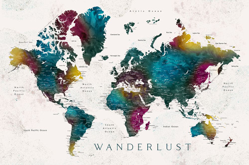 Charleena world map with cities - Wanderlust Poster Print - Blursbyai Rosana Laiz