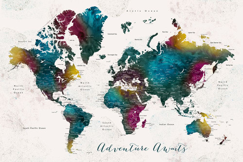 Charleena world map with cities - Adventure awaits Poster Print - Blursbyai Rosana Laiz