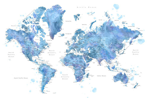 Blue watercolor world map with cities, Simeon Poster Print - Blursbyai Rosana Laiz