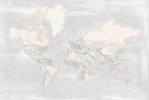 Detailed world map with cities, Maeli pastels Poster Print - Blursbyai Rosana Laiz