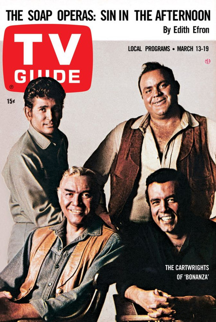 Bonanza, From Left: Michael Landon, Lorne Greene, Dan Blocker, Pernell Roberts, Tv Guide Cover, March 13-19, 1965. Ph: Gene Trindl. Tv Guide/Courtesy Everett Collection Poster Print
