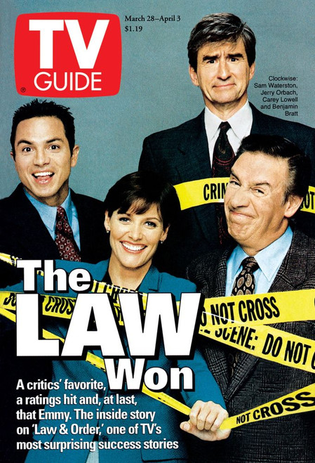 Law & Order, From Left: Benjamin Bratt, Carey Lowell, Sam Waterston, Jerry Orbach, Tv Guide Cover, March 28 - April 3, 1998. Tv Guide/Courtesy Everett Collection Poster Print