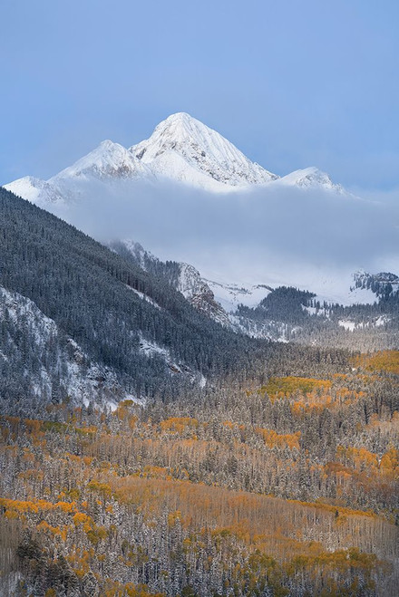 USA-Colorado-Uncompahgre National Forest Autumn sunrise on Wilson Peak and snowy forest in valley Poster Print - Jaynes Gallery # VARPDXUS06BJY2719