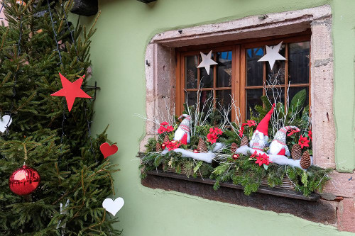 Riquewihr-France Village established 1400s in Alsace Region Window decorated Christmas ornaments Poster Print - Julien McRoberts # VARPDXEU09JMR0176